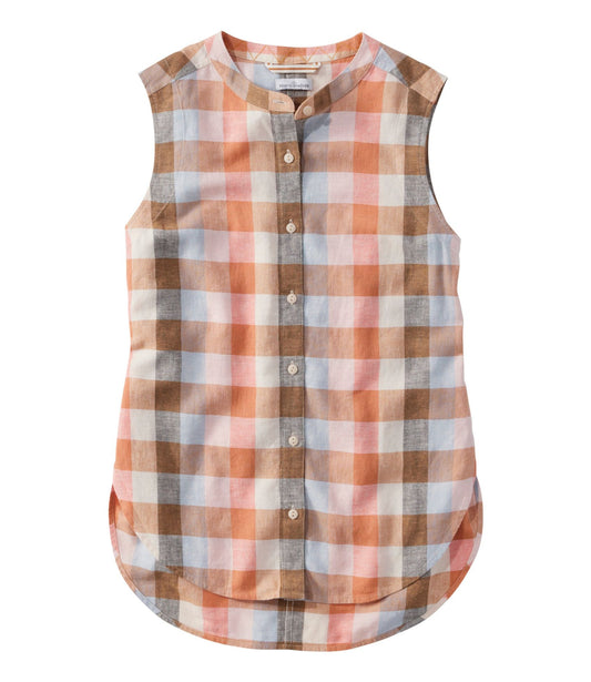 L.L.Bean Women's Signature Linen-Blend Button-Front Shirt, Sleeveless Sand Dune Plaid