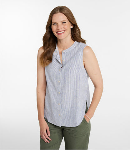 L.L.Bean Women's Signature Linen-Blend Button-Front Shirt, Sleeveless Sand Dune Plaid