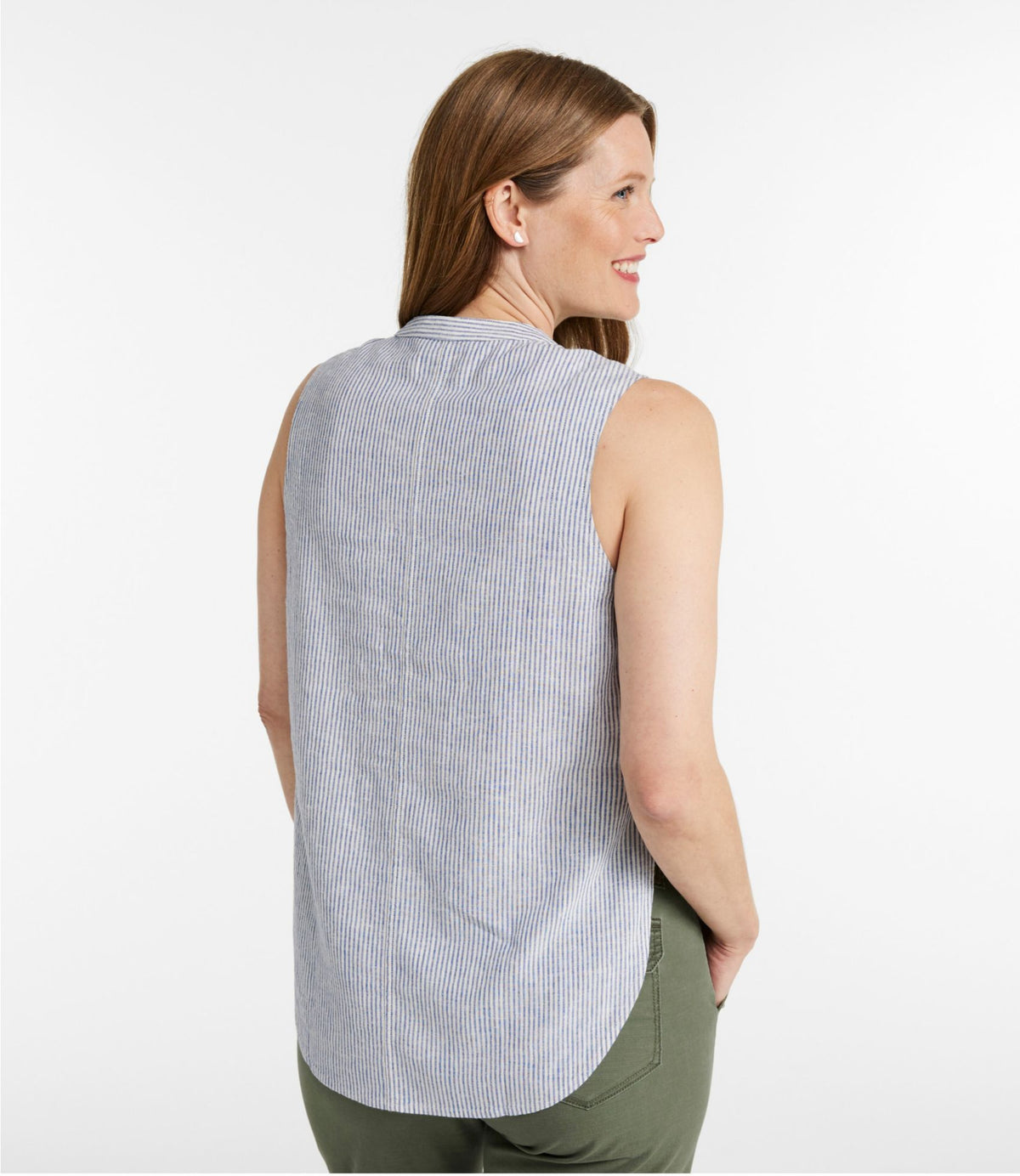 L.L.Bean Women's Signature Linen-Blend Button-Front Shirt, Sleeveless Sand Dune Plaid