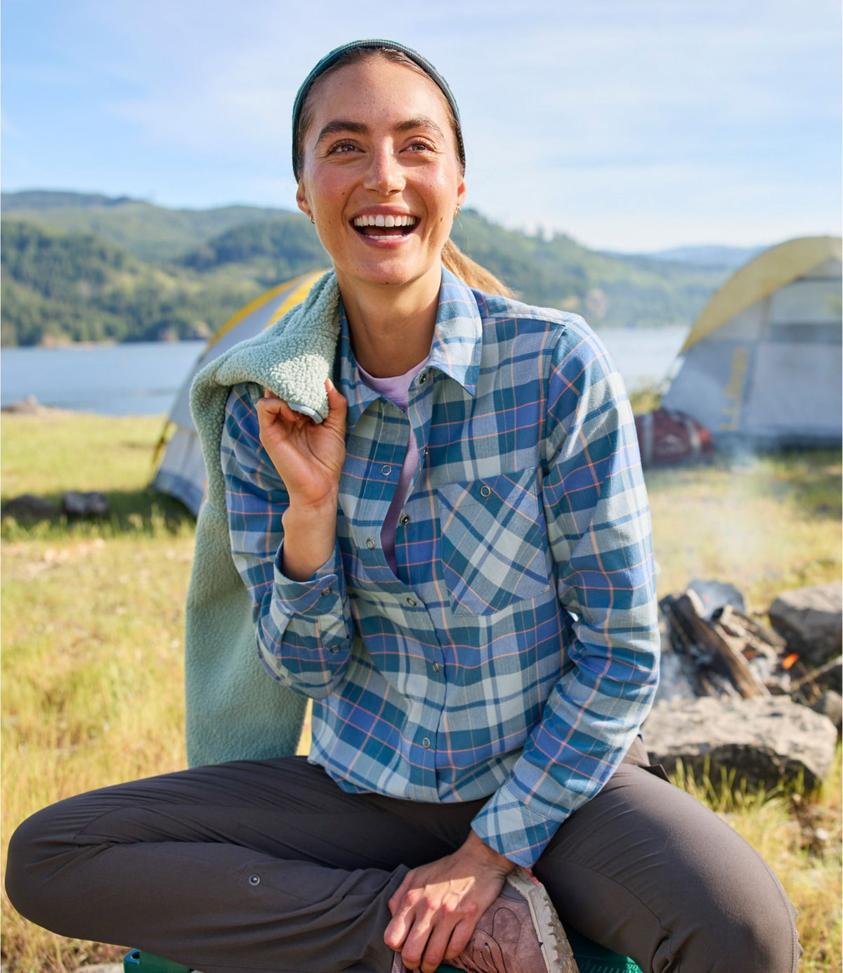 L.L.Bean Women's Mountainside Brushed Performance Shirt Cadet Blue Plaid