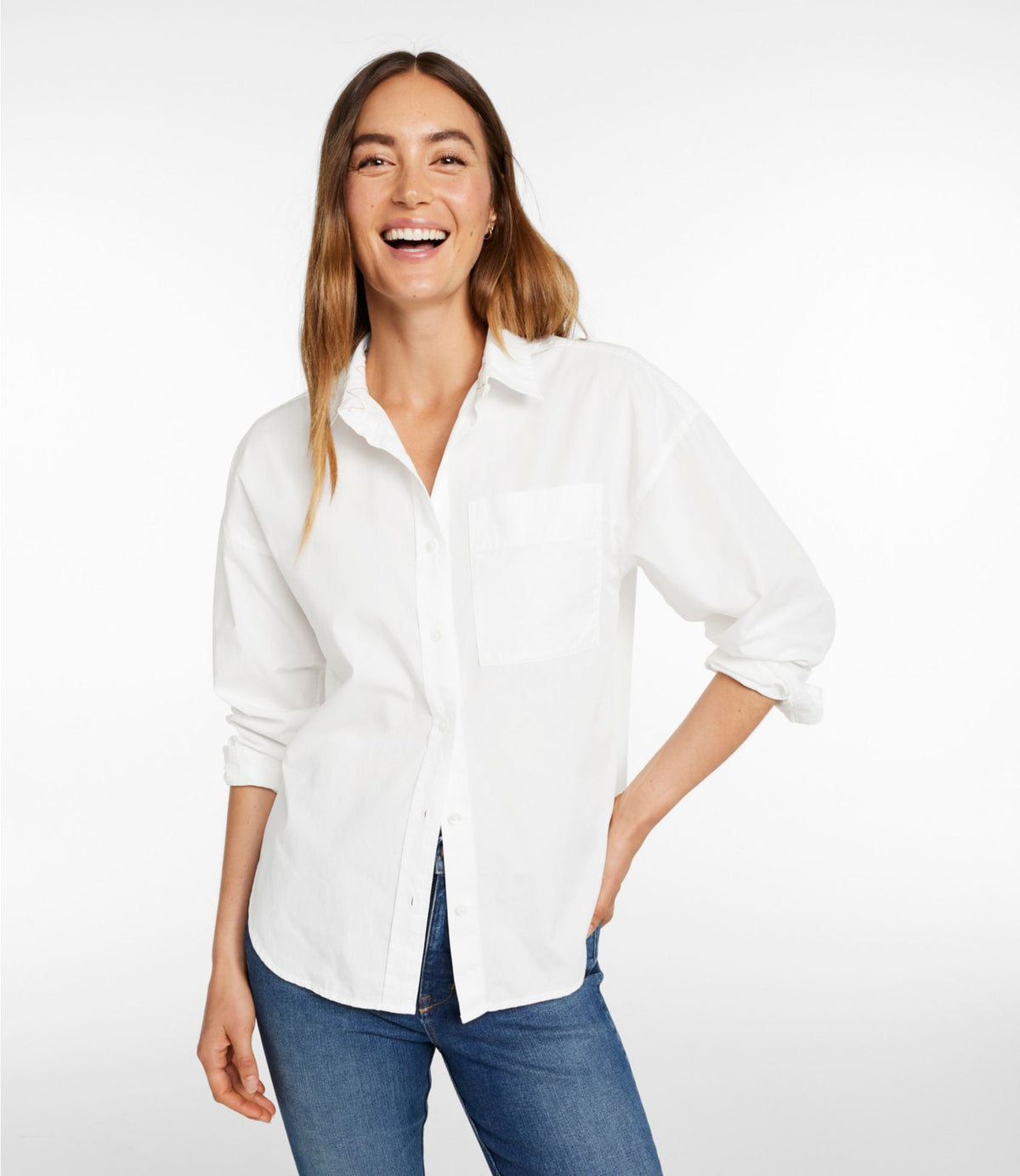 L.L.Bean Women's Signature Premium Essential Poplin Shirt, Long-Sleeve White