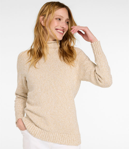 L.L.Bean Women's Cotton Ragg Sweater, Funnelneck Pullover Bone Marl
