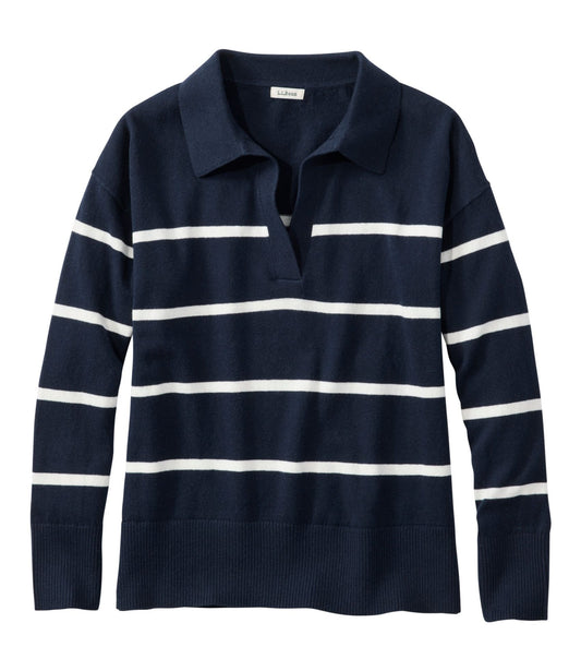 L.L.Bean Women's Cotton/Cashmere Sweater, Polo Stripe Classic Navy/Sea Salt Stripe