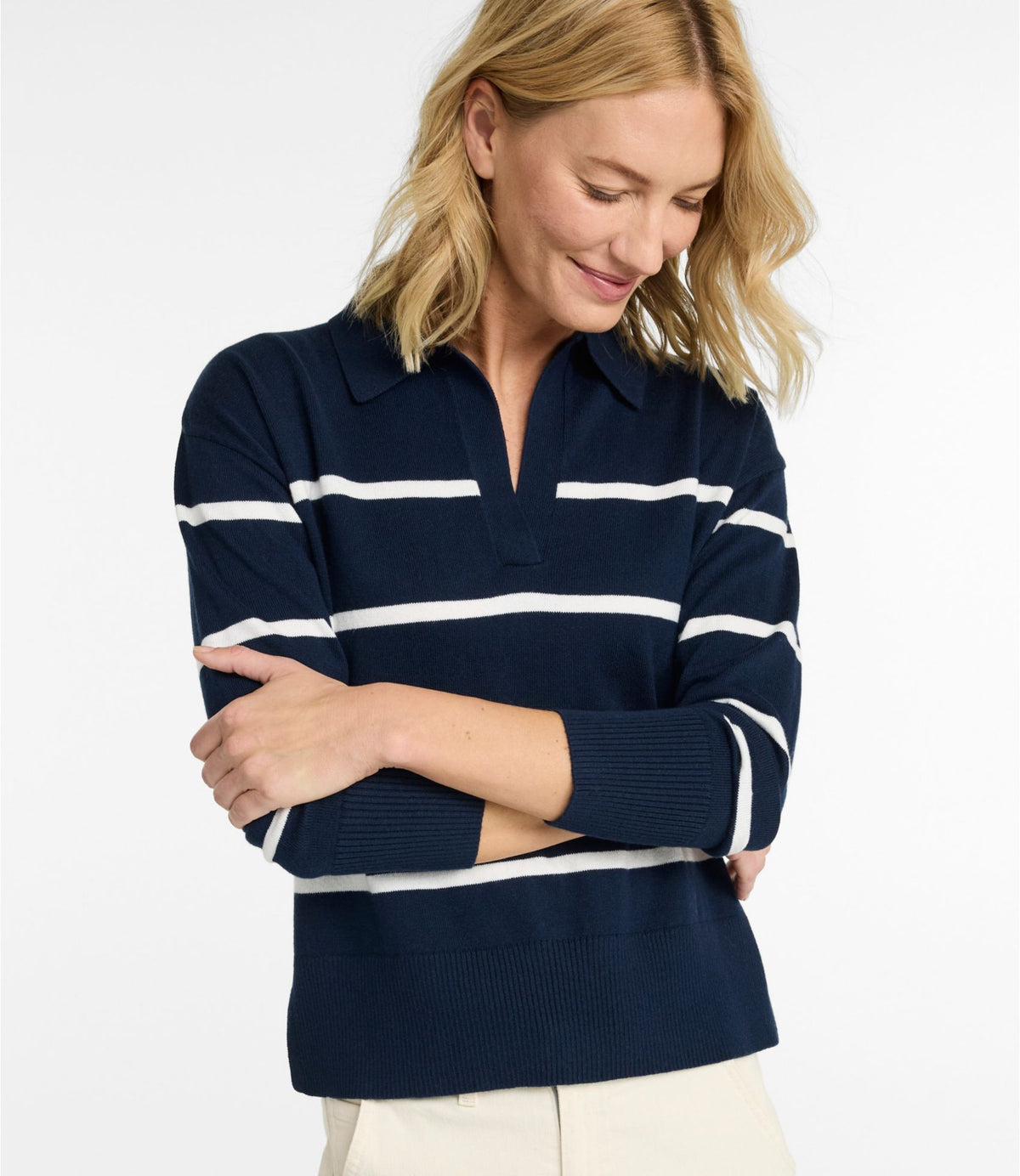 L.L.Bean Women's Cotton/Cashmere Sweater, Polo Stripe Classic Navy/Sea Salt Stripe