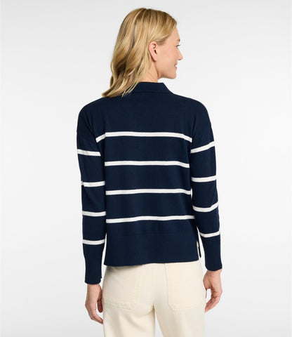 L.L.Bean Women's Cotton/Cashmere Sweater, Polo Stripe Classic Navy/Sea Salt Stripe