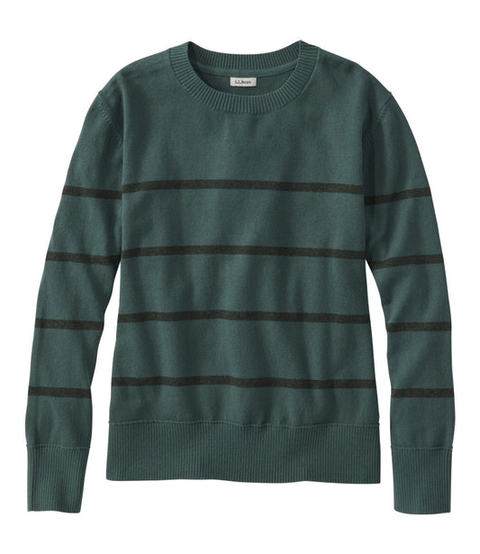 L.L.Bean Women's Cotton/Cashmere Sweater, Crewneck Stripe Deep Sea Green/Shadow Green
