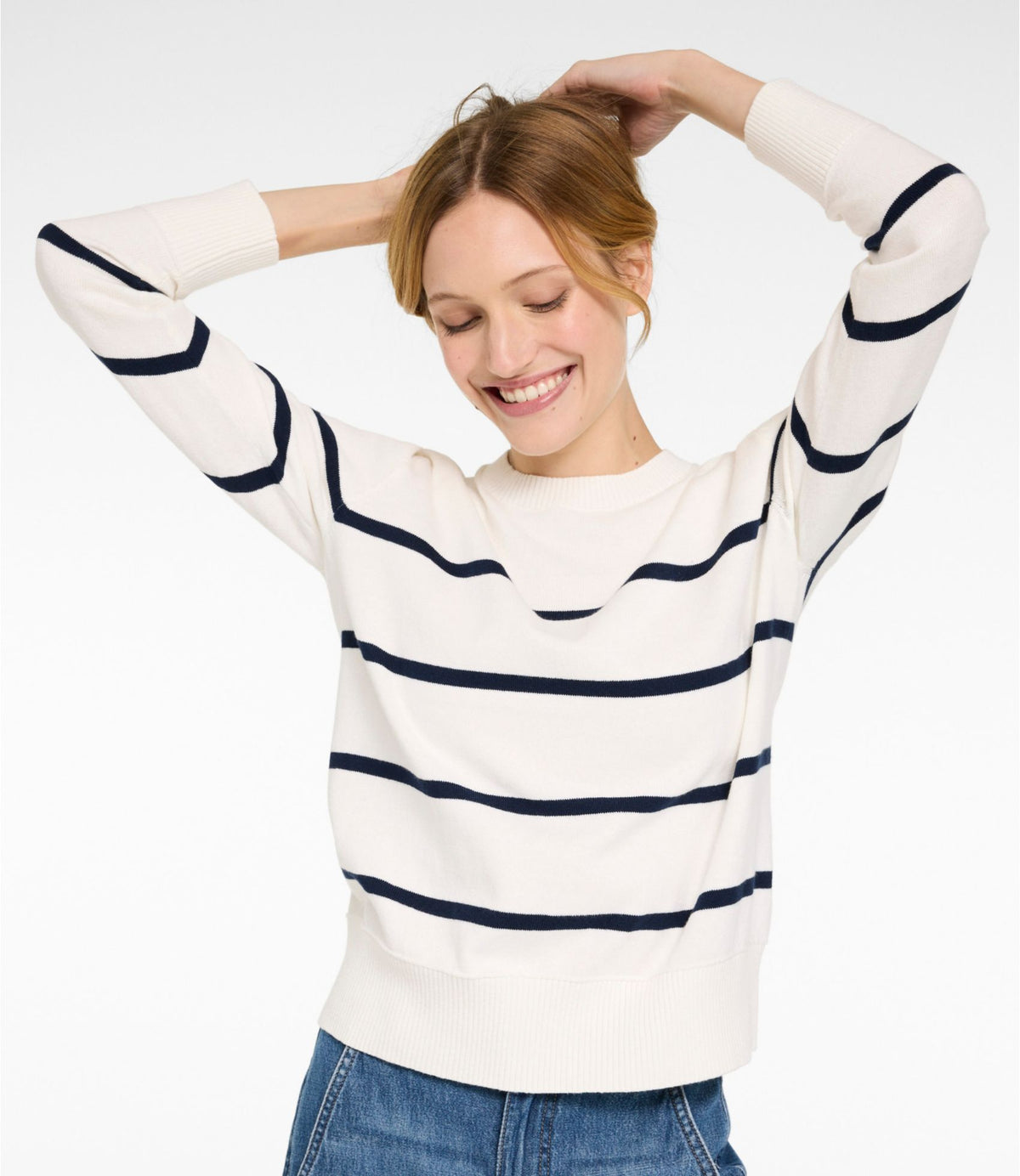 L.L.Bean Women's Cotton/Cashmere Sweater, Crewneck Stripe Deep Sea Green/Shadow Green
