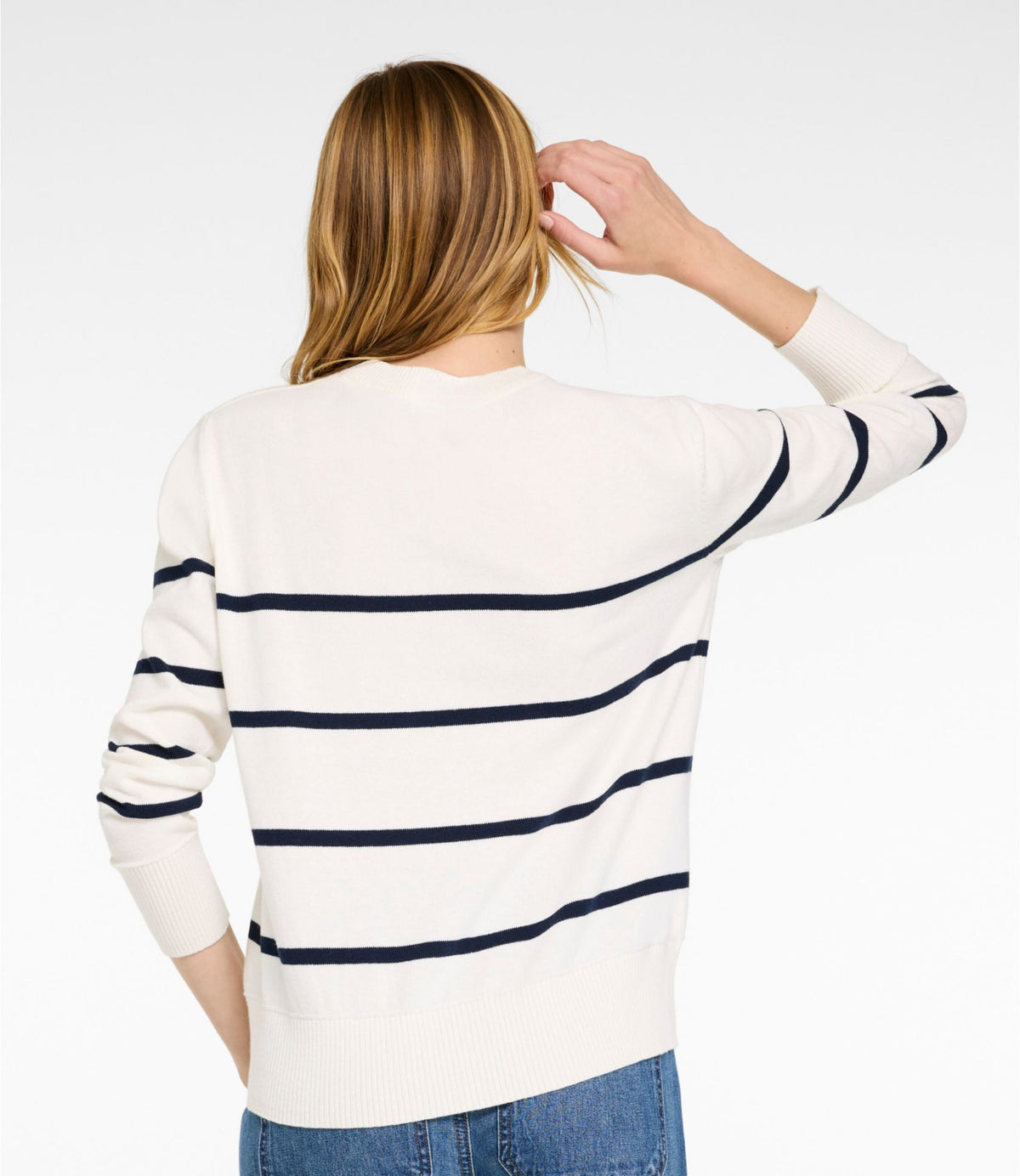 L.L.Bean Women's Cotton/Cashmere Sweater, Crewneck Stripe Deep Sea Green/Shadow Green
