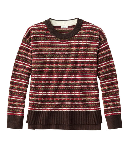 L.L.Bean Women's Wicked Soft Cotton/Cashmere Crewneck Sweater, Pattern Deepest Brown Fair Isle