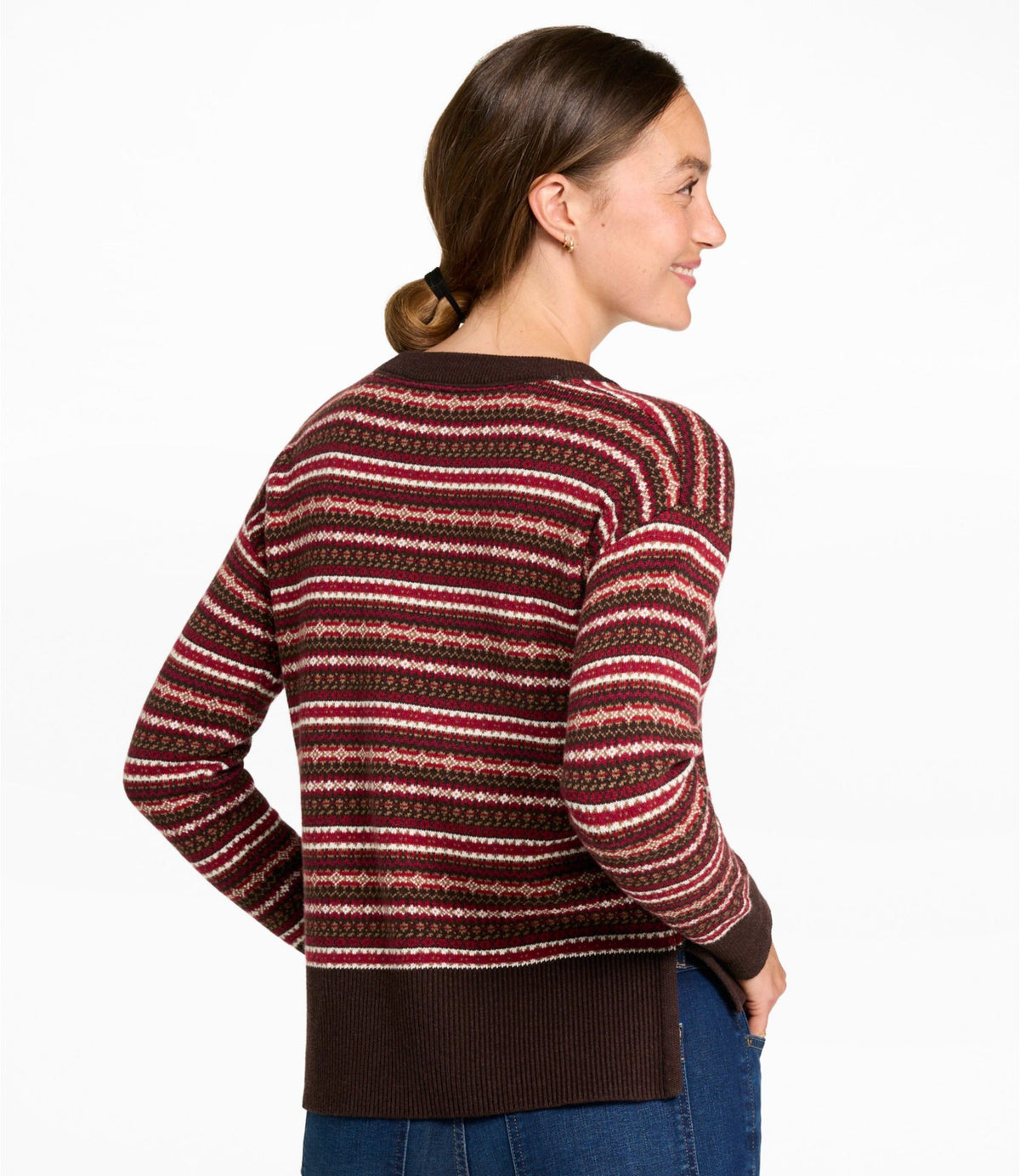 L.L.Bean Women's Wicked Soft Cotton/Cashmere Crewneck Sweater, Pattern Deepest Brown Fair Isle