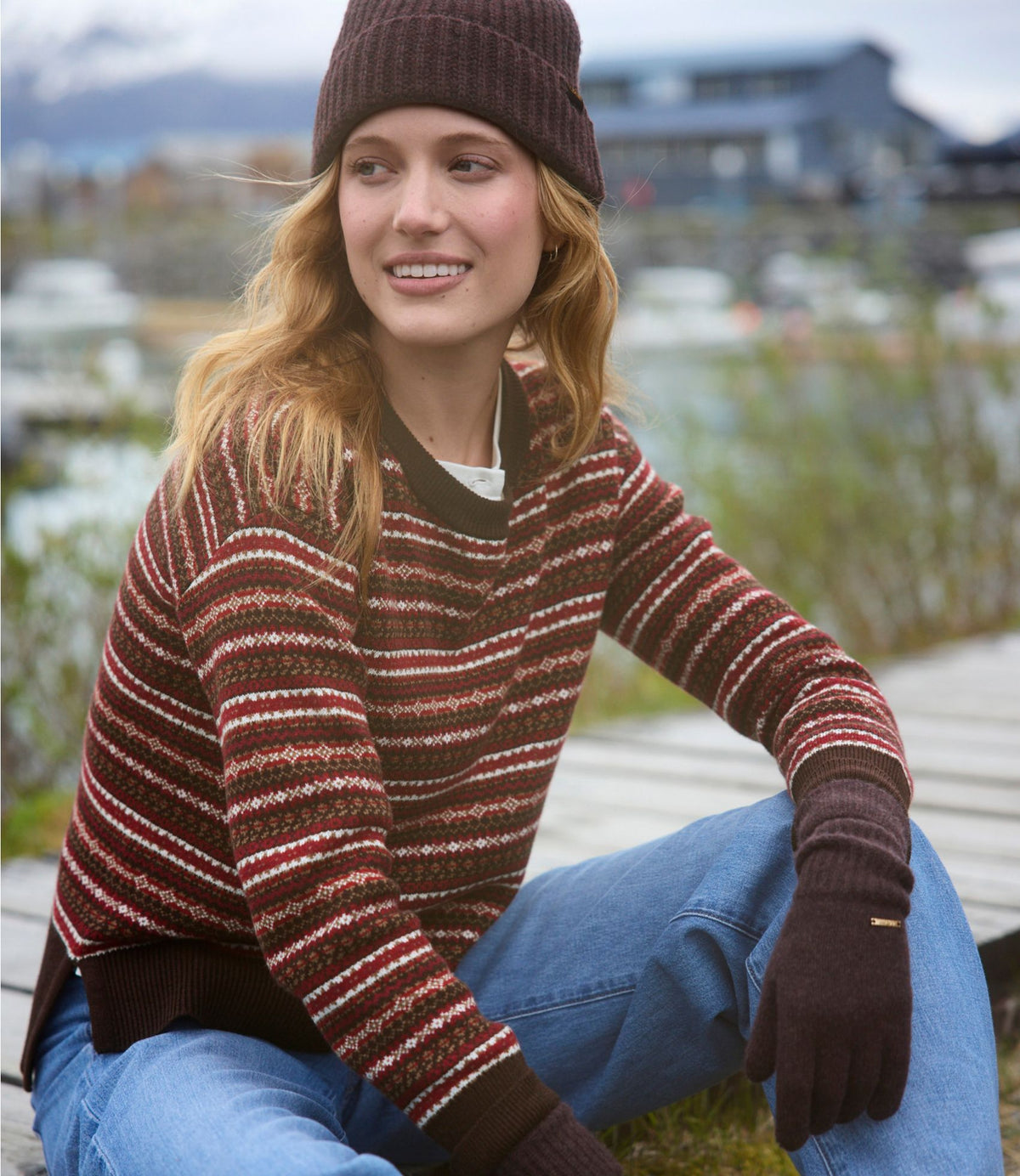 L.L.Bean Women's Wicked Soft Cotton/Cashmere Crewneck Sweater, Pattern Deepest Brown Fair Isle