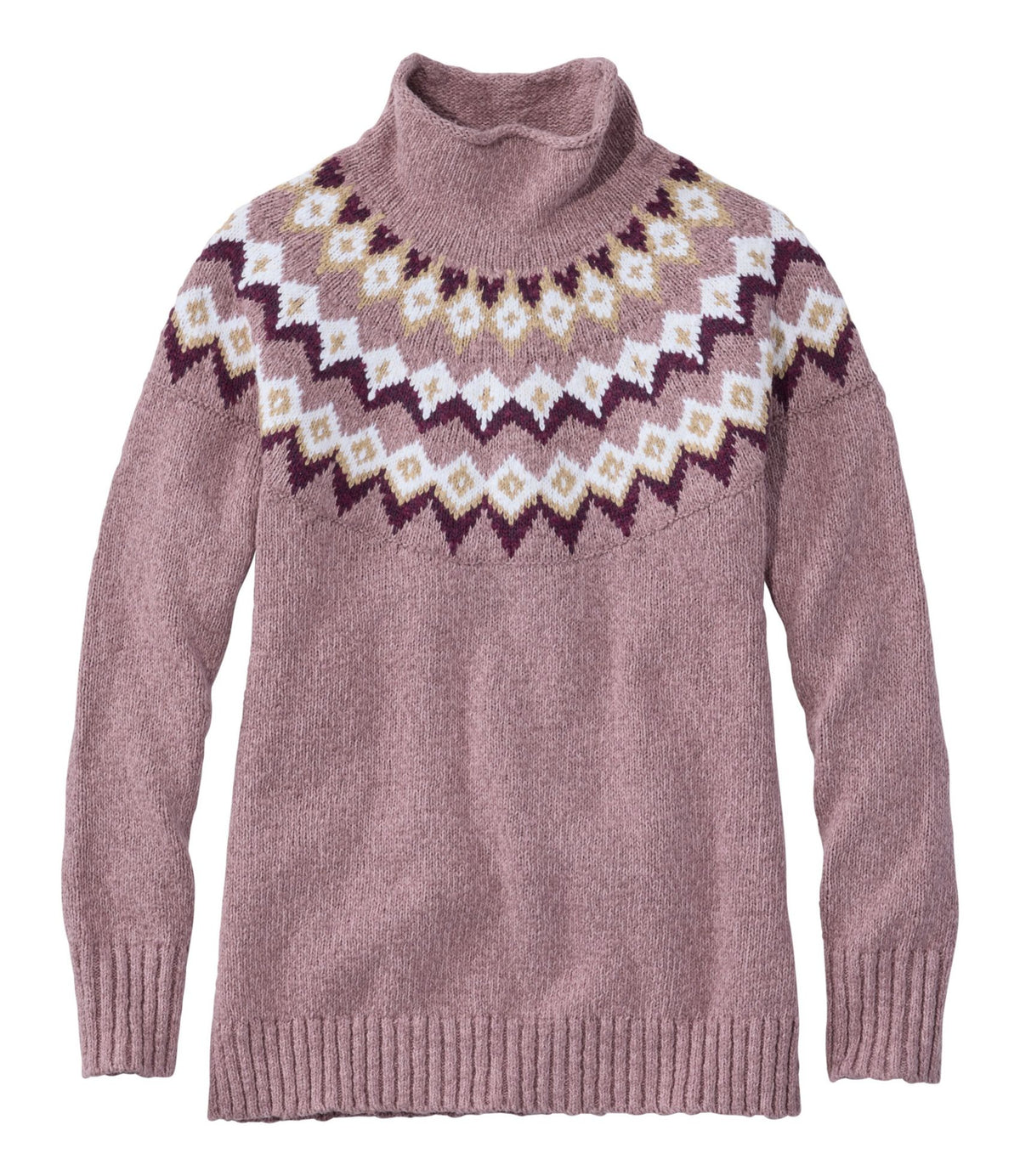 L.L.Bean Women's Cotton Ragg Sweater, Funnelneck Pullover Fair Isle Dusty Mauve Fair Isle