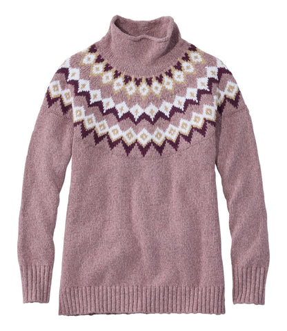L.L.Bean Women's Cotton Ragg Sweater, Funnelneck Pullover Fair Isle Dusty Mauve Fair Isle