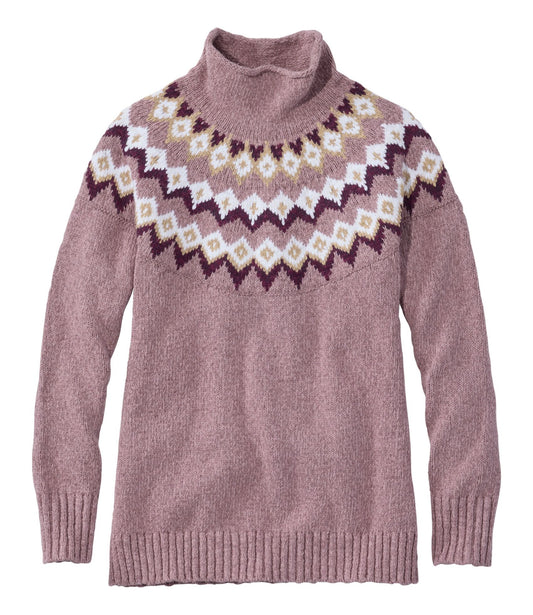 L.L.Bean Women's Cotton Ragg Sweater, Funnelneck Pullover Fair Isle Dusty Mauve Fair Isle