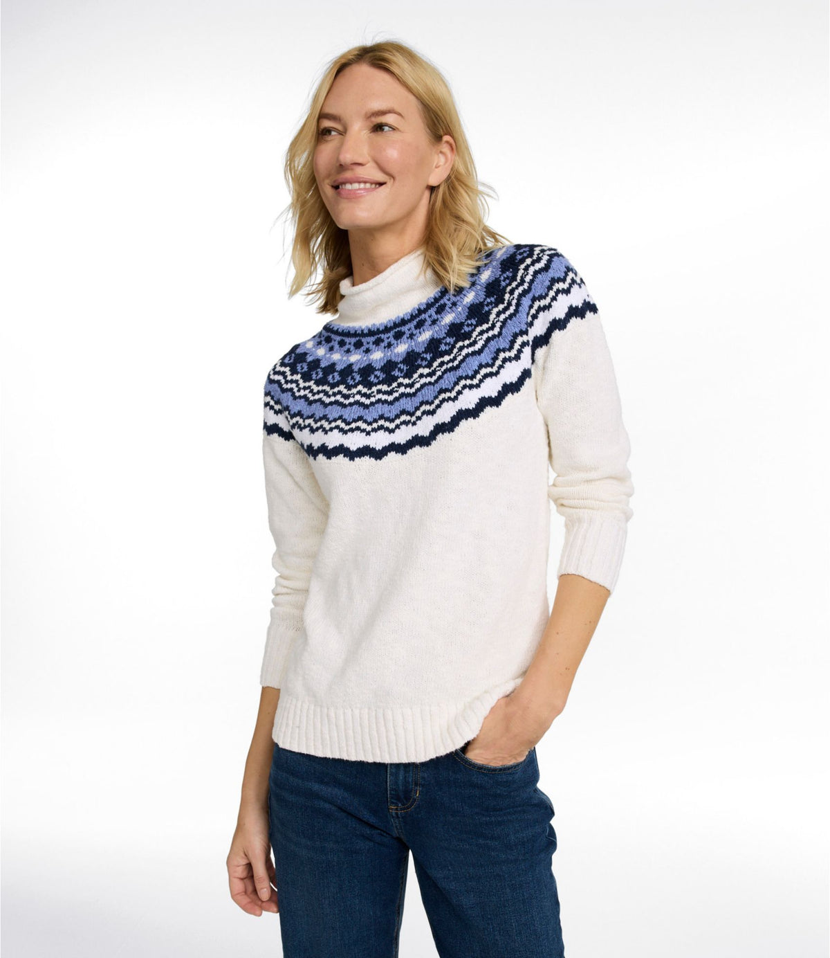 L.L.Bean Women's Cotton Ragg Sweater, Funnelneck Pullover Fair Isle Dusty Mauve Fair Isle