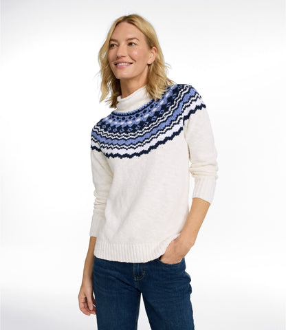 L.L.Bean Women's Cotton Ragg Sweater, Funnelneck Pullover Fair Isle Dusty Mauve Fair Isle