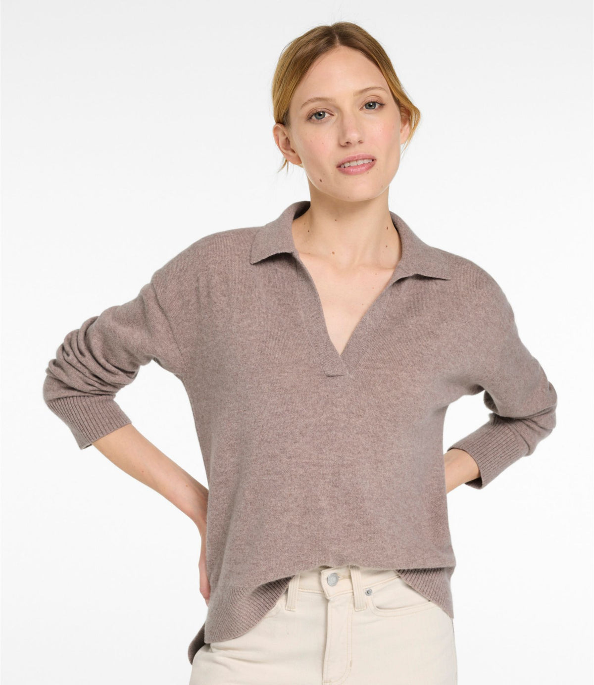 L.L.Bean Women's Classic Cashmere Sweater, Relaxed Polo Camel Heather