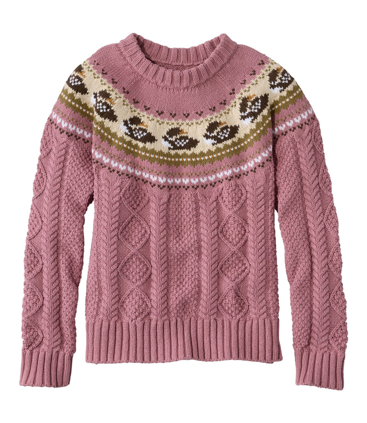 L.L.Bean Women's Signature Cotton Fisherman Sweater, Crewneck Novelty Washed Orchid Loon Fair Isle