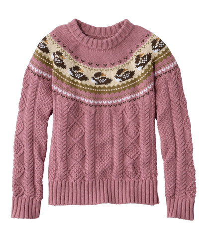 L.L.Bean Women's Signature Cotton Fisherman Sweater, Crewneck Novelty Washed Orchid Loon Fair Isle