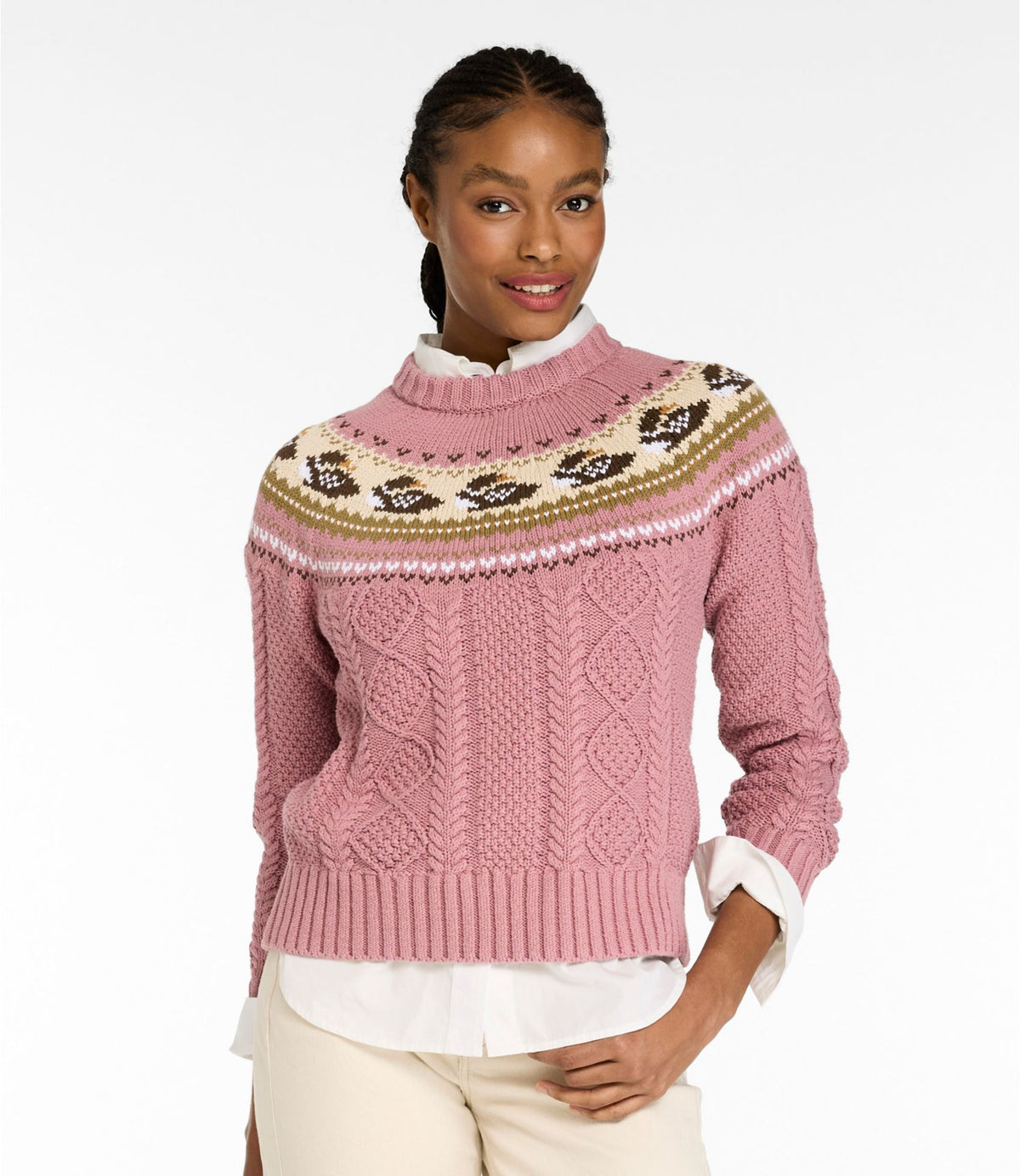 L.L.Bean Women's Signature Cotton Fisherman Sweater, Crewneck Novelty Washed Orchid Loon Fair Isle