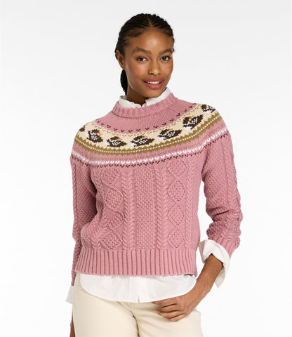 L.L.Bean Women's Signature Cotton Fisherman Sweater, Crewneck Novelty Washed Orchid Loon Fair Isle
