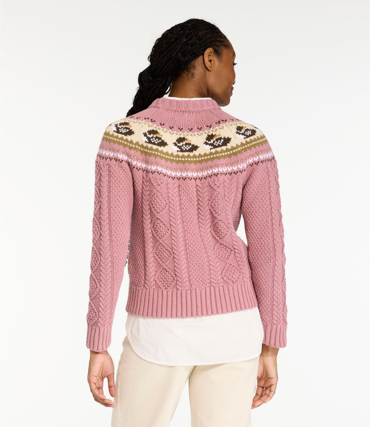 L.L.Bean Women's Signature Cotton Fisherman Sweater, Crewneck Novelty Washed Orchid Loon Fair Isle