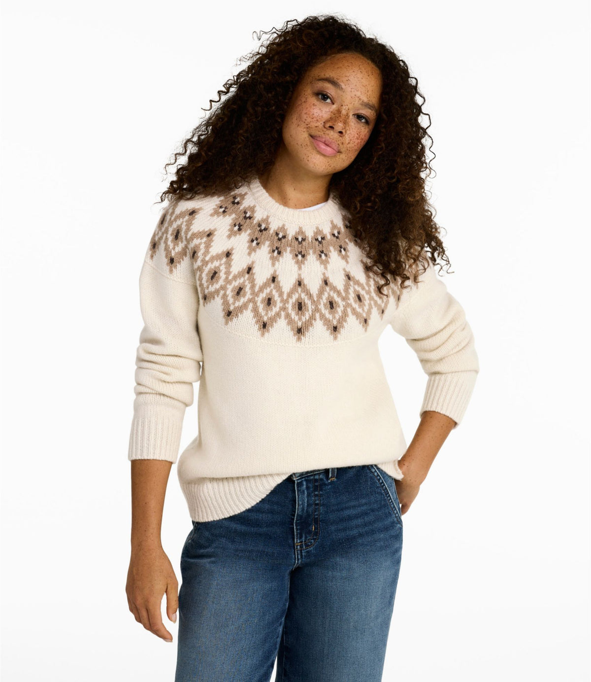 L.L.Bean Women's Bean's Classic Ragg Wool Sweater, Crewneck Fair Isle Bone Fair Isle