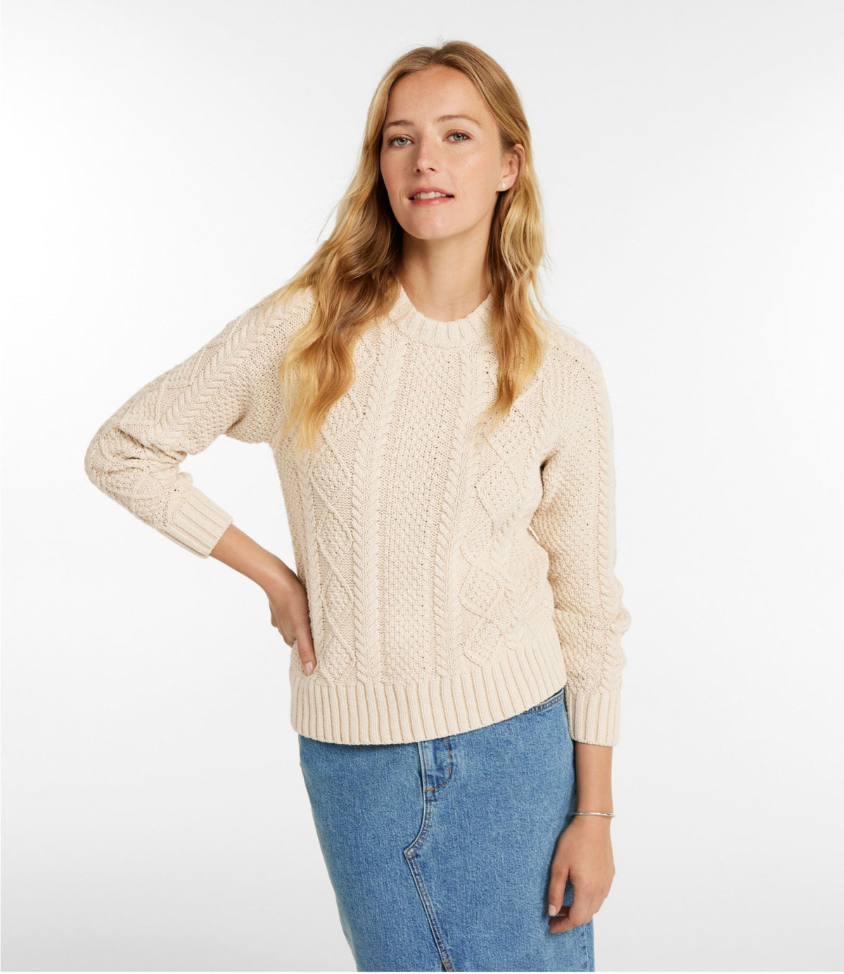 L.L.Bean Women's Signature Cotton Fisherman Sweater, Crewneck Beige