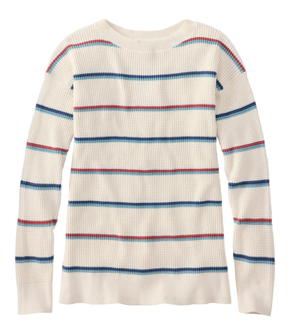 L.L.Bean Women's Sunwashed Waffle Sweater, Pullover Stripe Thyme/Cream