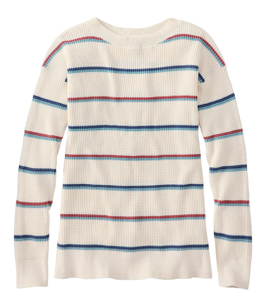 L.L.Bean Women's Sunwashed Waffle Sweater, Pullover Stripe Thyme/Cream