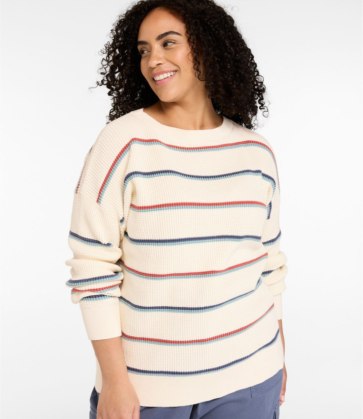 L.L.Bean Women's Sunwashed Waffle Sweater, Pullover Stripe Thyme/Cream