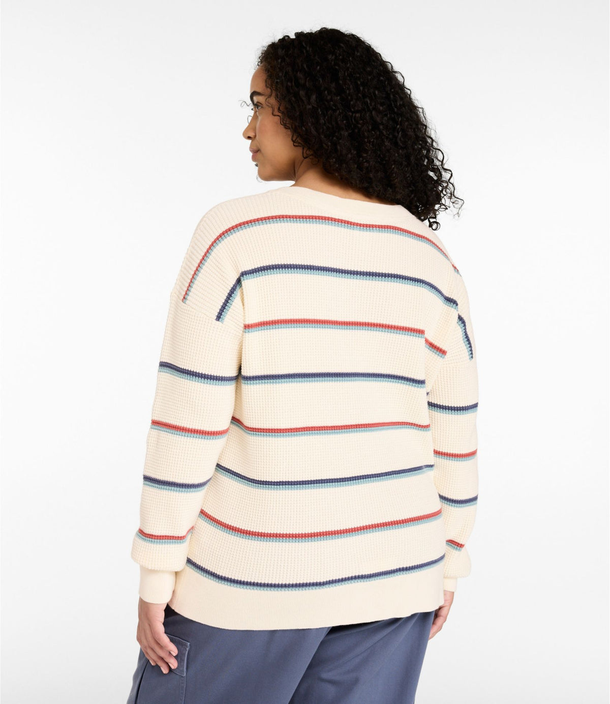 L.L.Bean Women's Sunwashed Waffle Sweater, Pullover Stripe Thyme/Cream