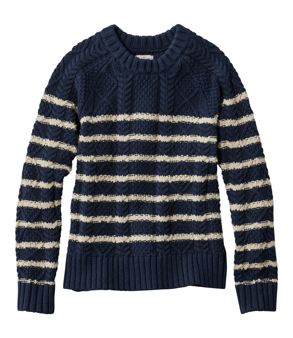 L.L.Bean Women's Signature Cotton Fisherman Sweater, Crewneck Stripe Navy/Beige