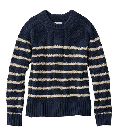 L.L.Bean Women's Signature Cotton Fisherman Sweater, Crewneck Stripe Navy/Beige