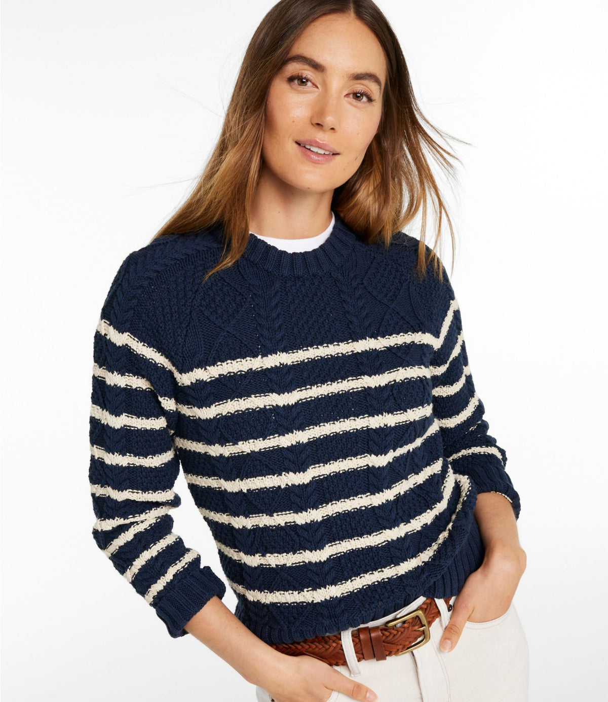 L.L.Bean Women's Signature Cotton Fisherman Sweater, Crewneck Stripe Navy/Beige