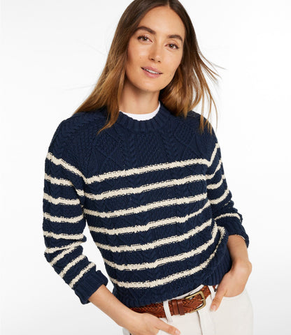 L.L.Bean Women's Signature Cotton Fisherman Sweater, Crewneck Stripe Navy/Beige