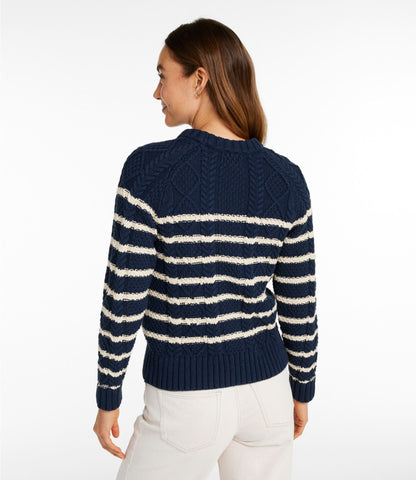 L.L.Bean Women's Signature Cotton Fisherman Sweater, Crewneck Stripe Navy/Beige