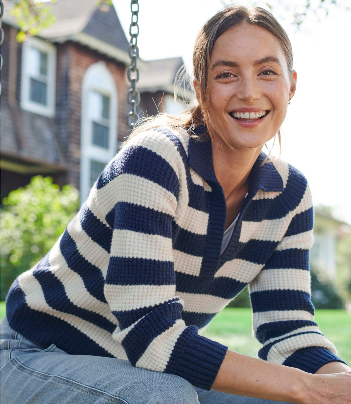 L.L.Bean Women's SuperSoft Waffle Sweater, Polo Stripe Natural/Cream
