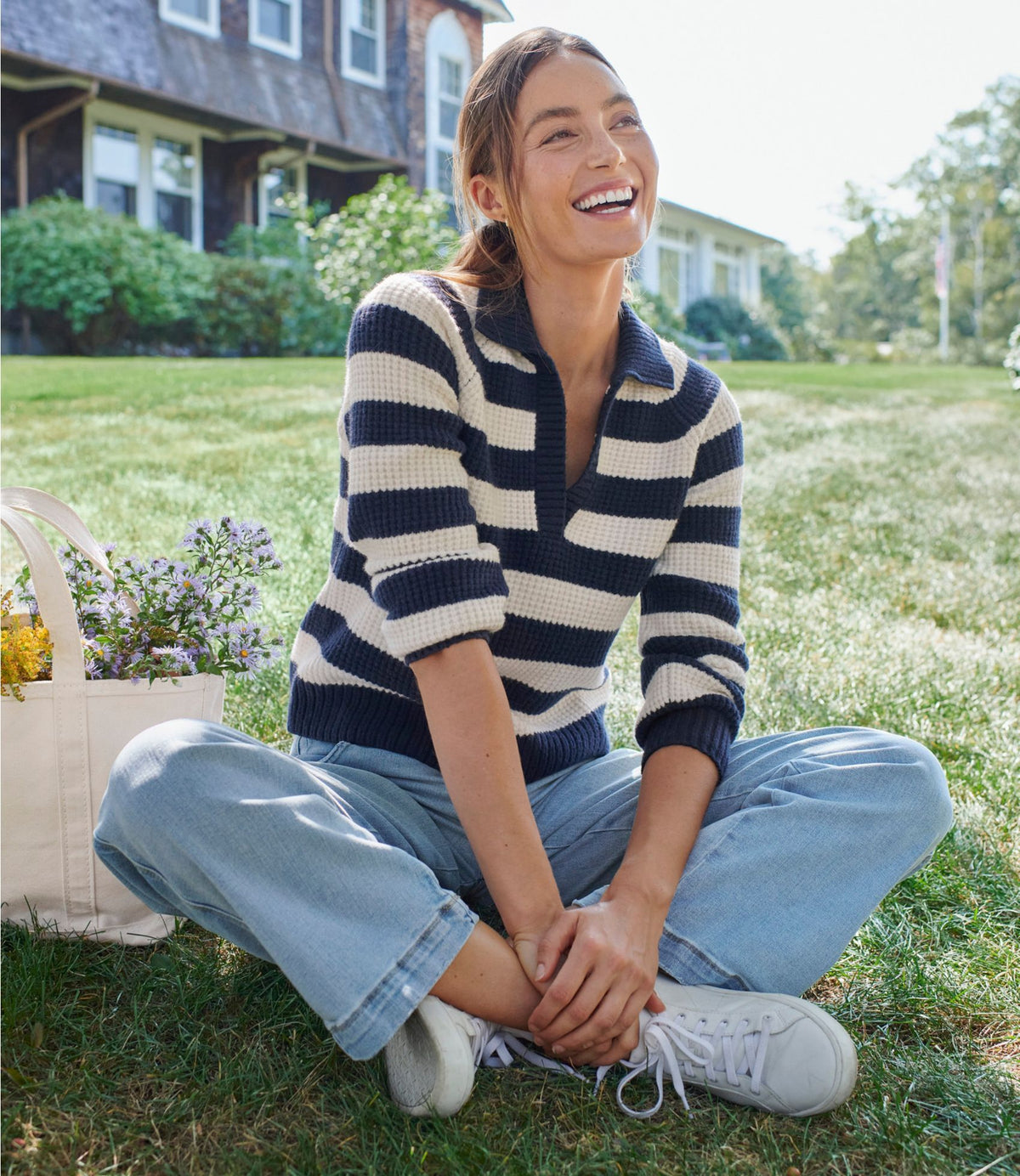 L.L.Bean Women's SuperSoft Waffle Sweater, Polo Stripe Natural/Cream