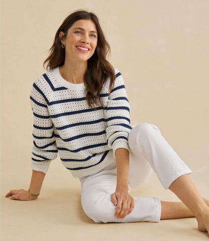 L.L.Bean Women's Sunwashed Openwork Sweater, Crewneck Stripe