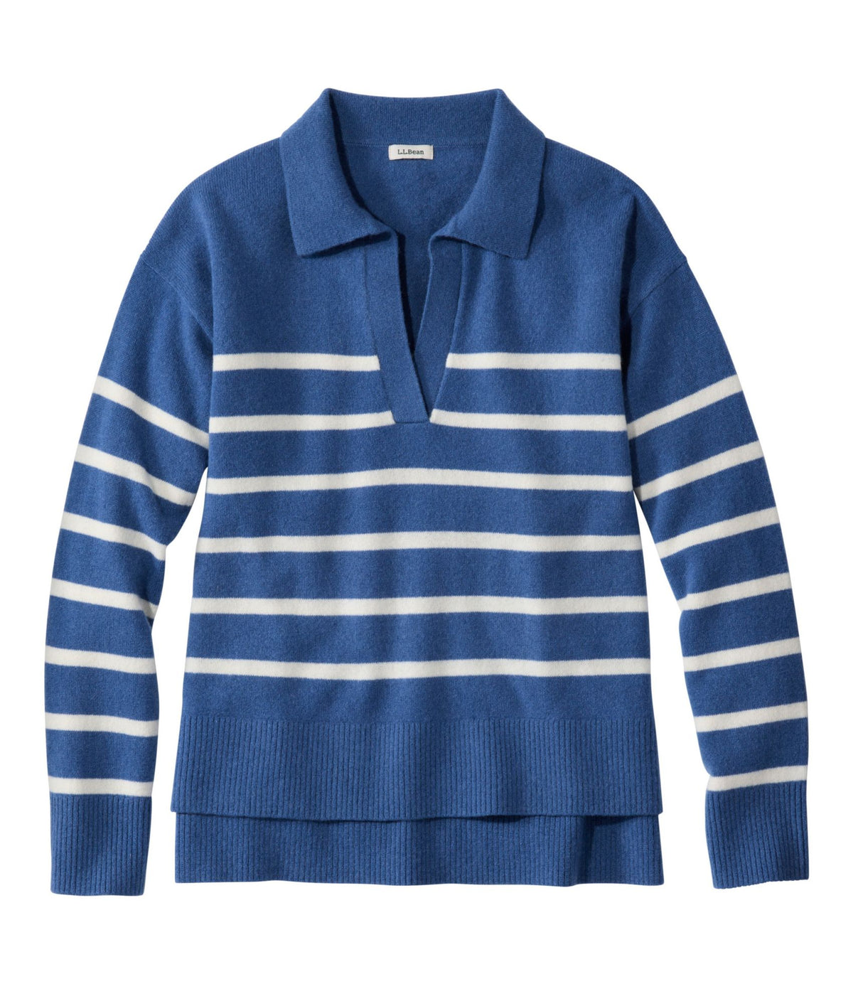 L.L.Bean Women's Classic Cashmere Sweater, Relaxed Polo Deep Blue/Bone
