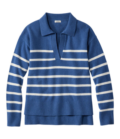 L.L.Bean Women's Classic Cashmere Sweater, Relaxed Polo Deep Blue/Bone