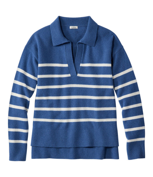 L.L.Bean Women's Classic Cashmere Sweater, Relaxed Polo Deep Blue/Bone