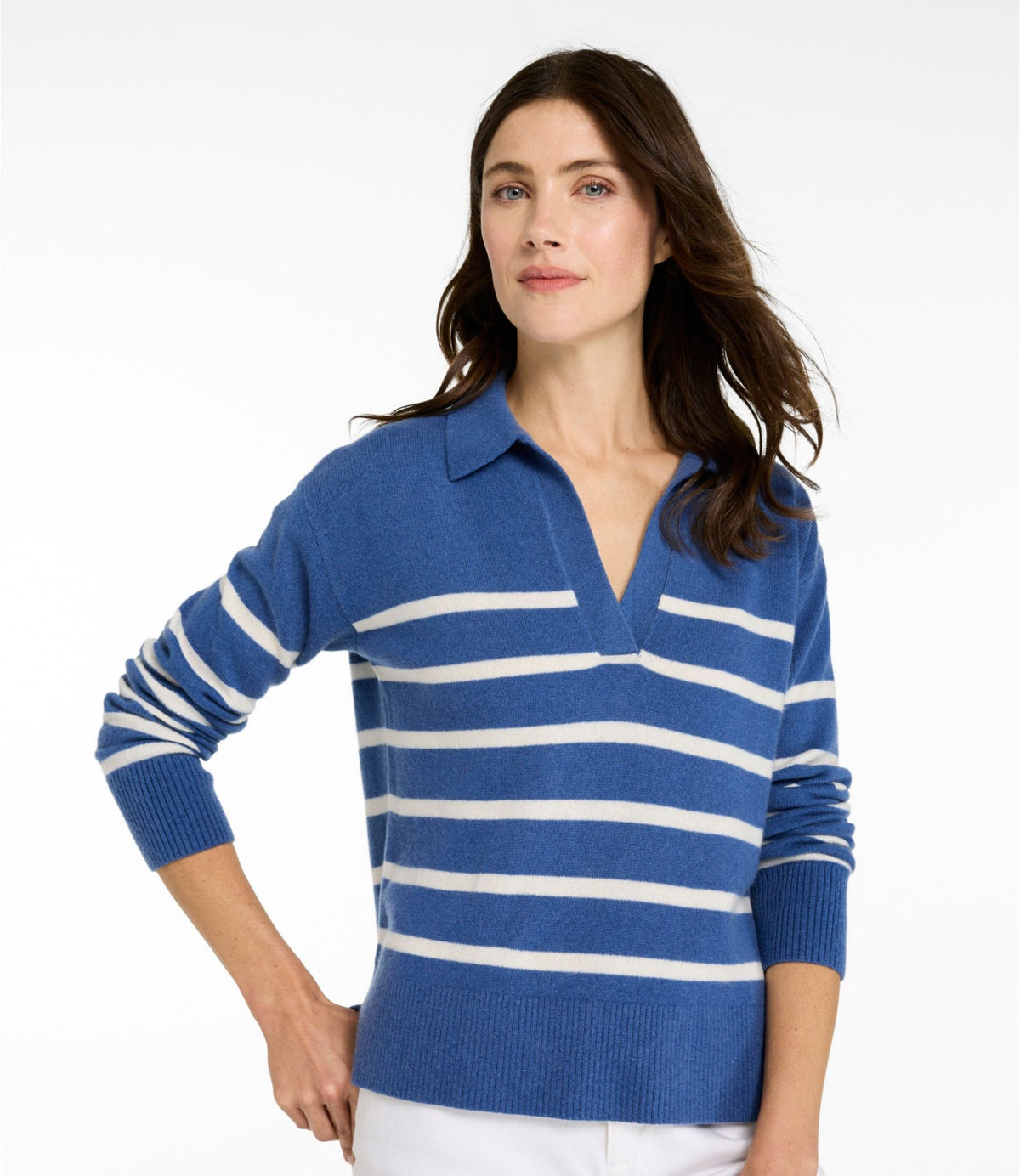 L.L.Bean Women's Classic Cashmere Sweater, Relaxed Polo Deep Blue/Bone
