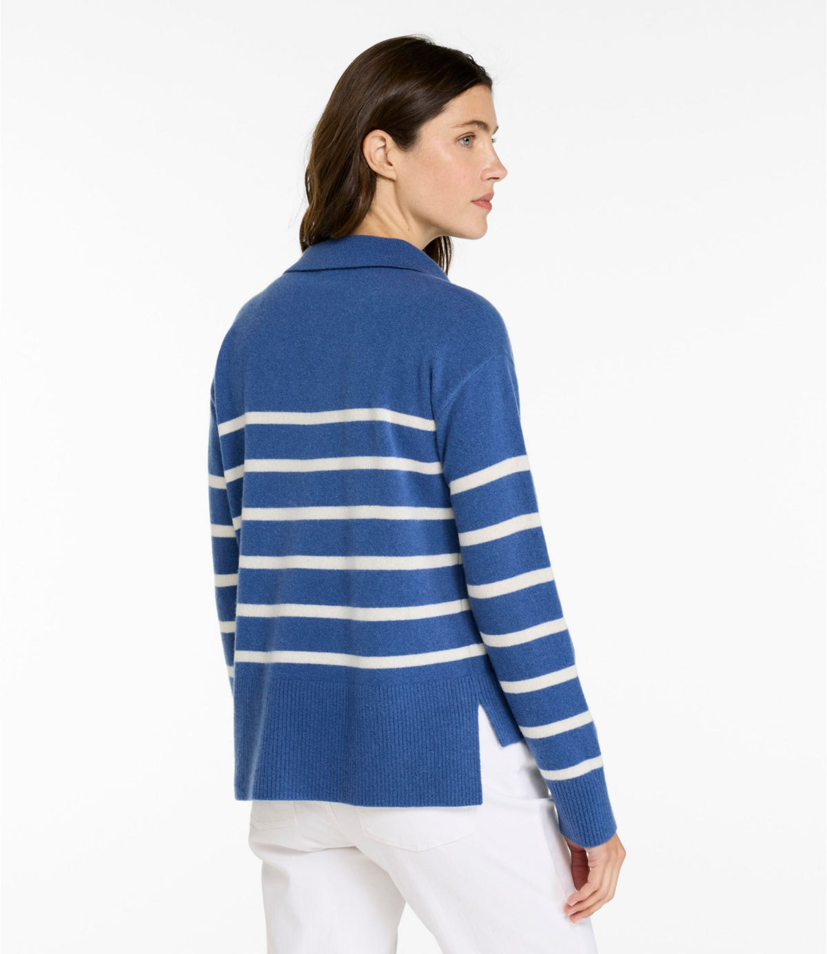 L.L.Bean Women's Classic Cashmere Sweater, Relaxed Polo Deep Blue/Bone