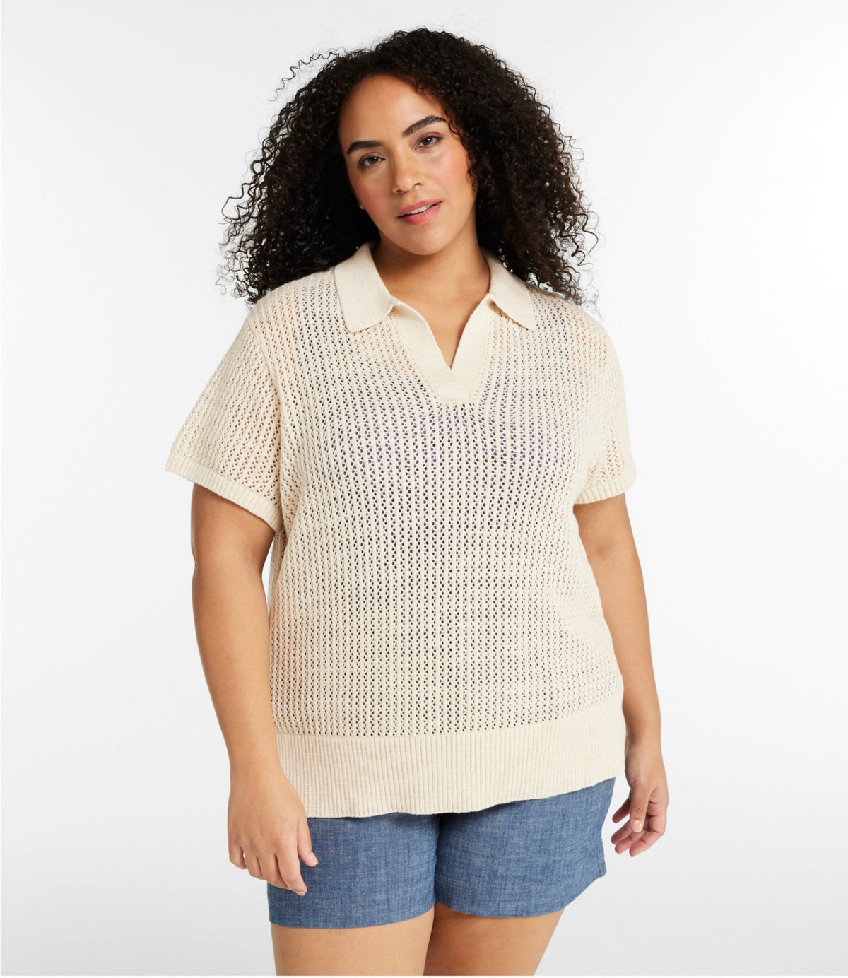 L.L.Bean Women's Organic Cotton Slub Pointelle Sweater, Polo Light Khaki