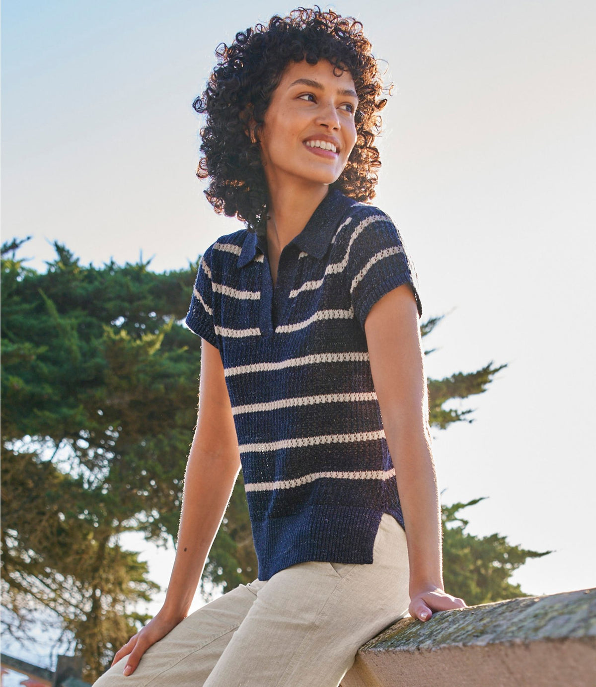 L.L.Bean Women's Organic Cotton Slub Pointelle Sweater, Polo Classic Navy/Sailcloth