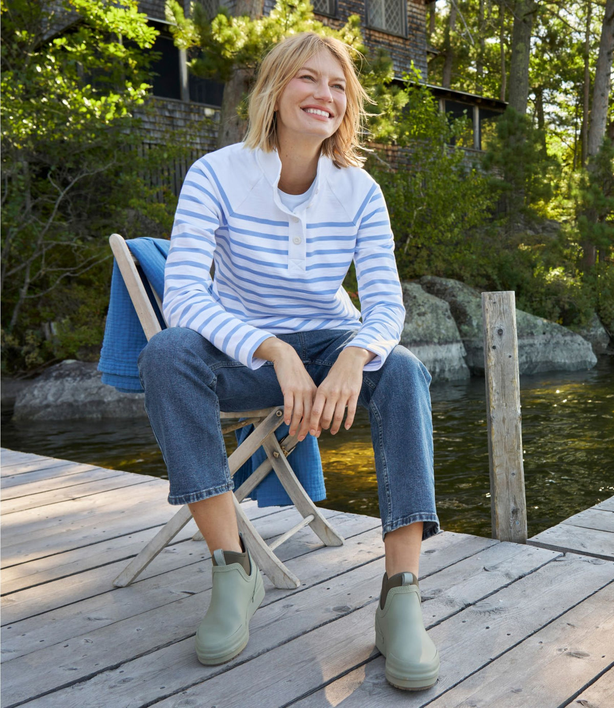 L.L.Bean Women's Peaks Island Button Mockneck, Stripe