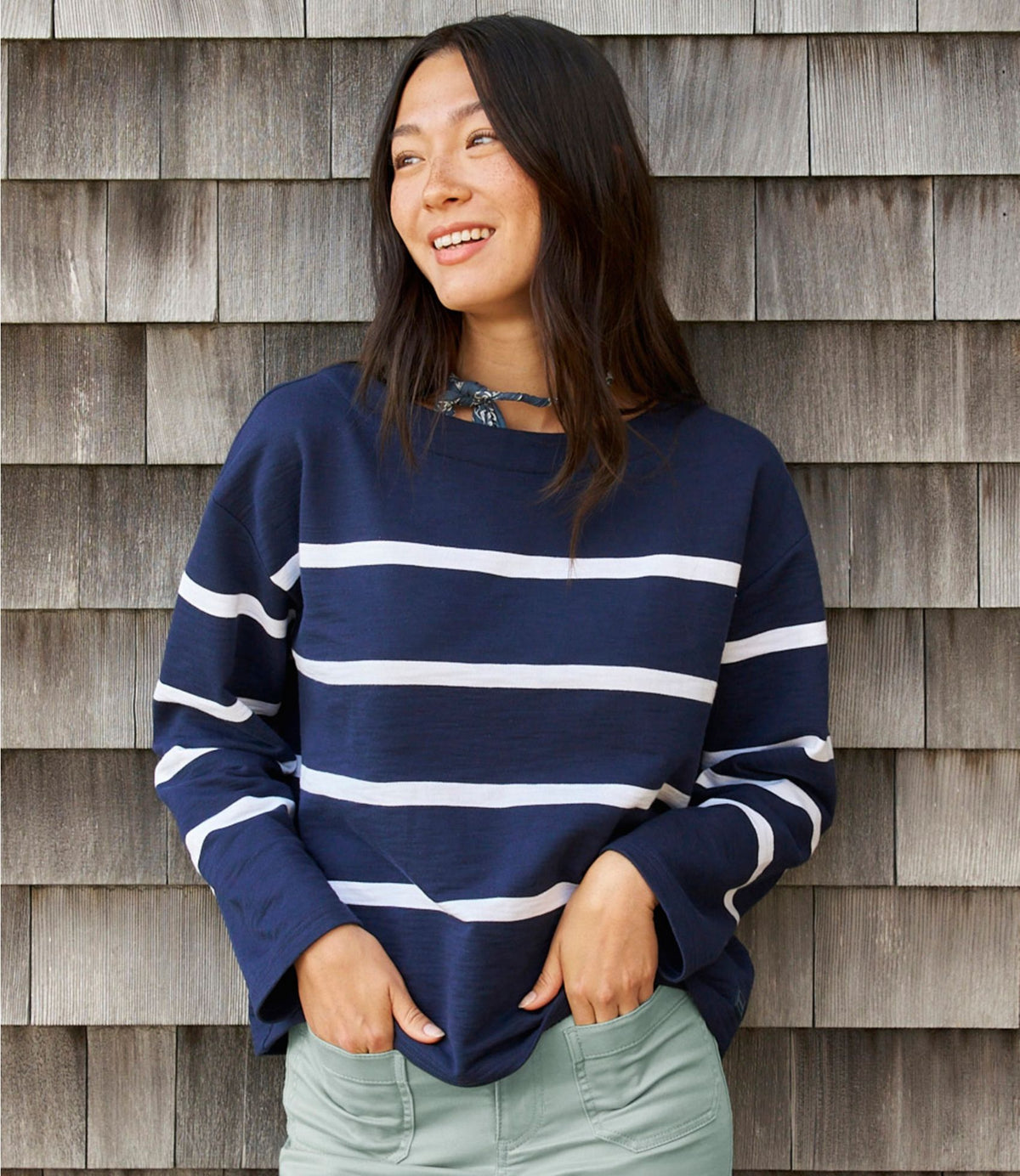 L.L.Bean Women's Peaks Island Top, Relaxed Boatneck Long-Sleeve Stripe Bone Multi Stripe