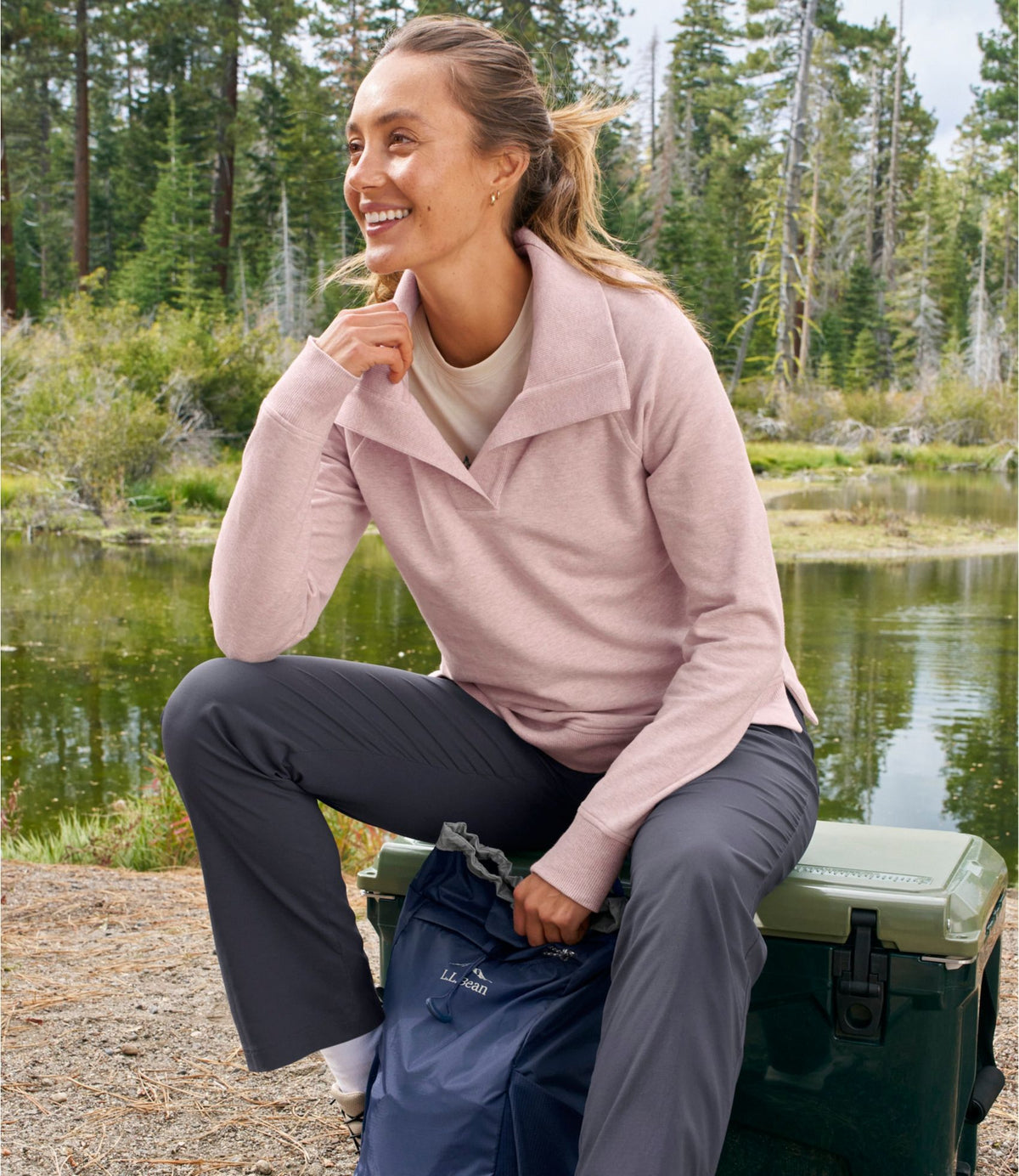 L.L.Bean Women's Bean's Cozy Splitneck Pullover Sweatshirt Deep Lake